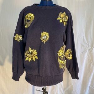 Bonnie Boerer & Co. Vintage Navy Sweater Gold Embroidery & Plastic Discs M